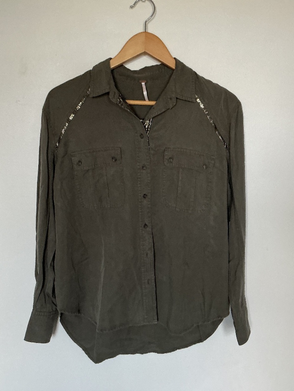 Free People Off Campus Button Down Shirt Olive Army Green Boho Military S